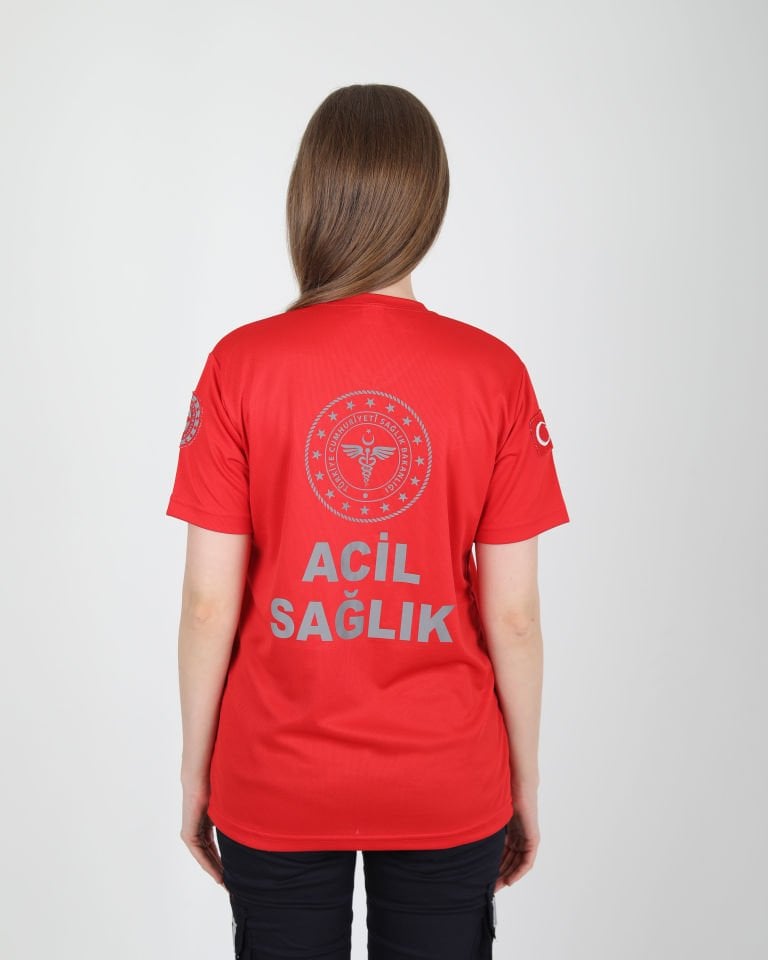 112 Acil Sağlık V Yaka Kırmızı Comfort T-shirt (Unisex-Fileli)