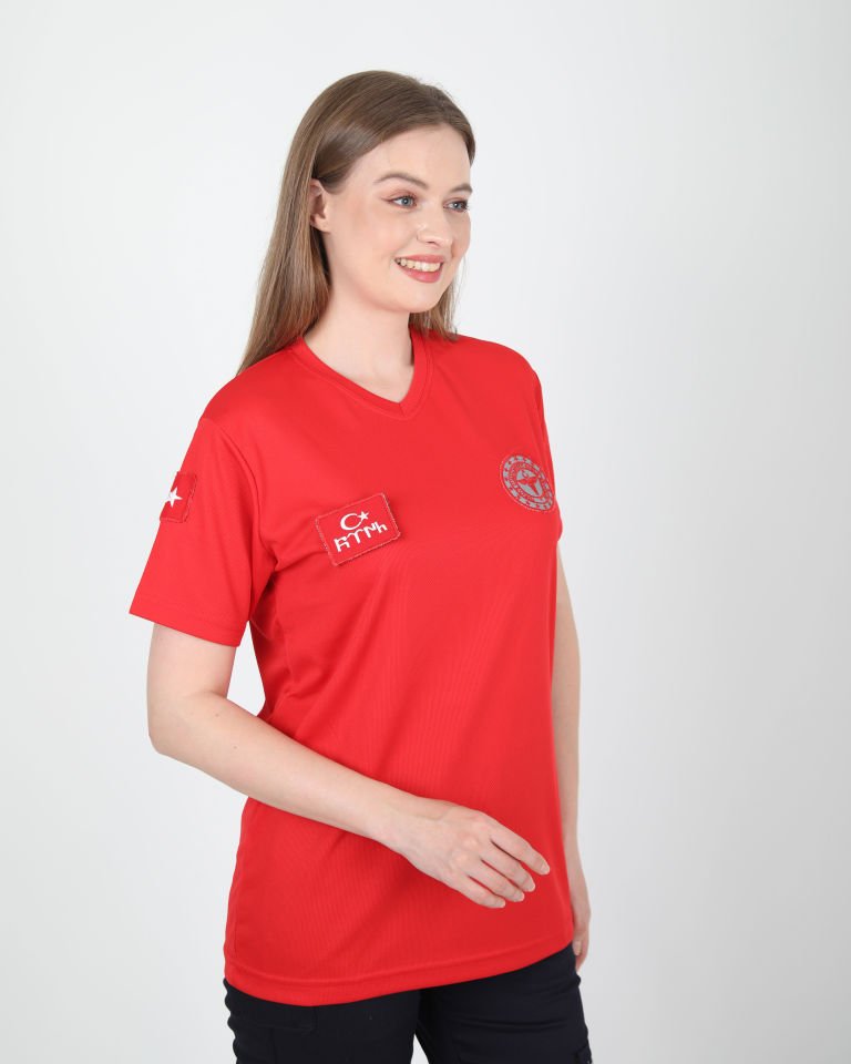 112 Acil Sağlık V Yaka Kırmızı Comfort T-shirt (Unisex-Fileli)