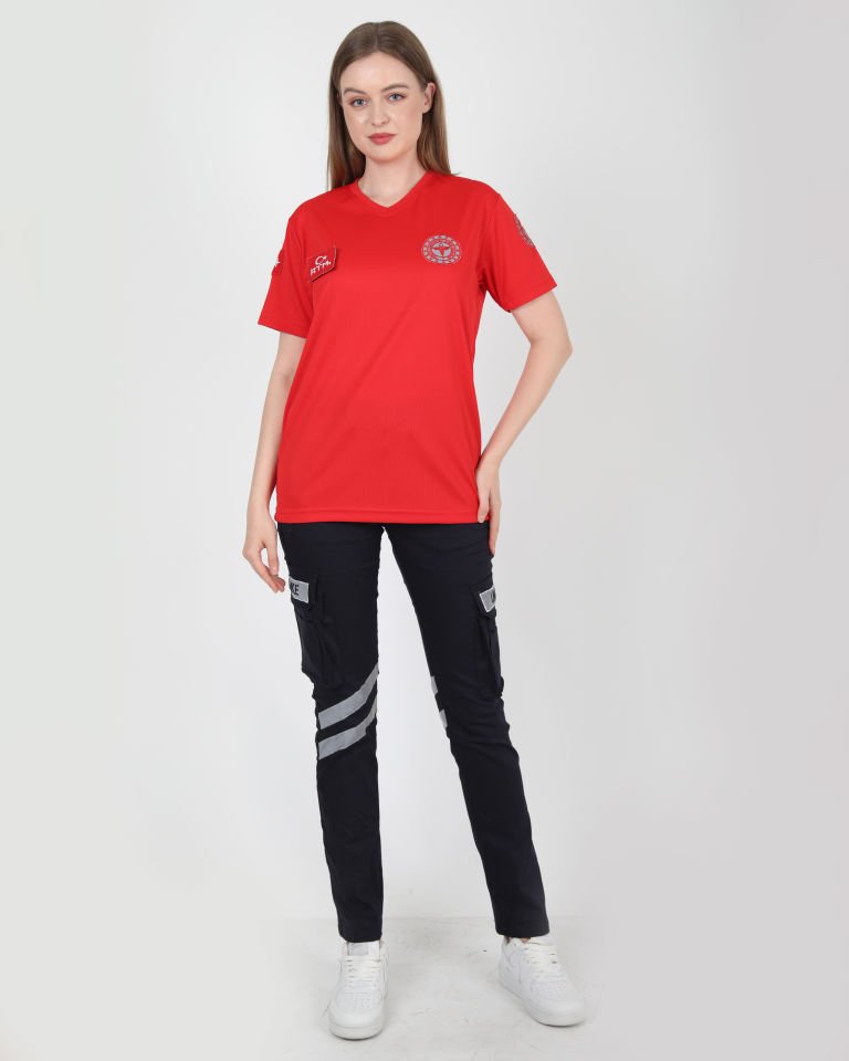 112 Acil Sağlık V Yaka Kırmızı Comfort T-shirt (Unisex-Fileli)