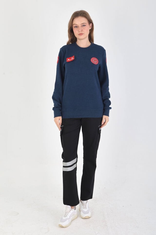 YENİ Sıfır Yaka Petrol Mavisi 112 Acil Sağlık Örme Kumaş Swit (Unisex)