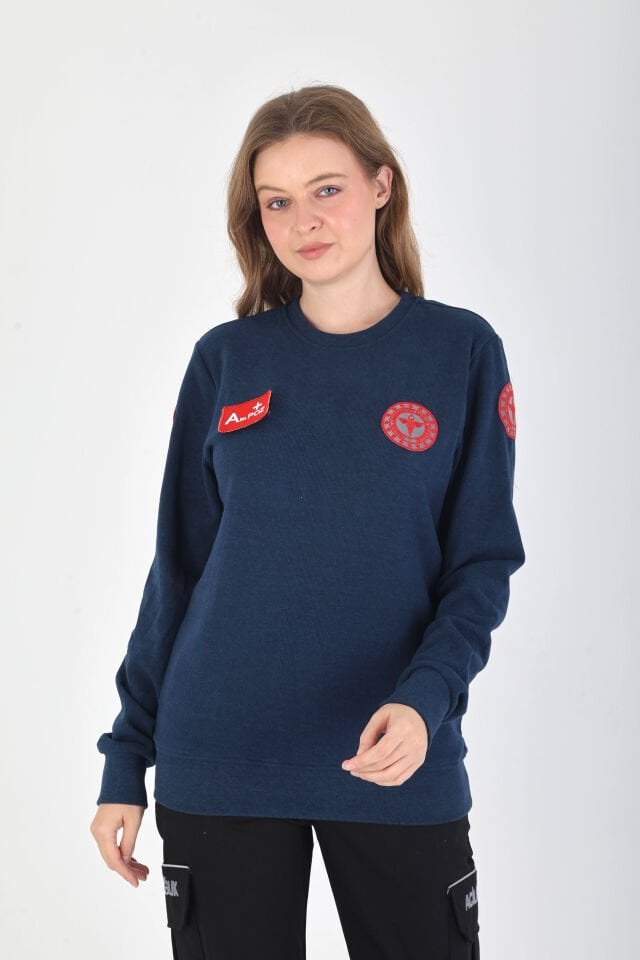 YENİ Sıfır Yaka Petrol Mavisi 112 Acil Sağlık Örme Kumaş Swit (Unisex)