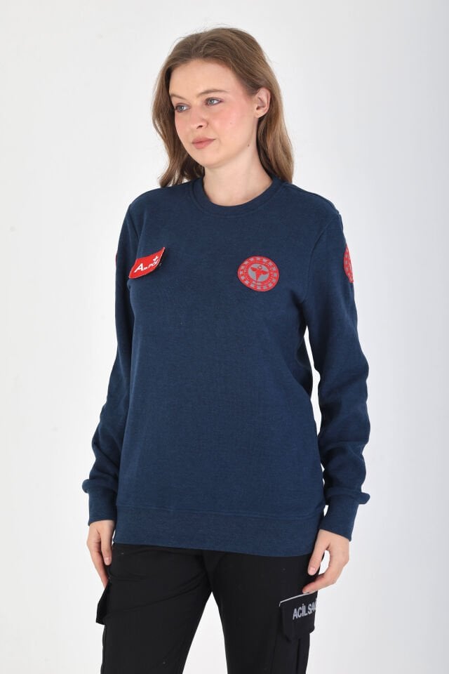 YENİ Sıfır Yaka Petrol Mavisi 112 Acil Sağlık Örme Kumaş Swit (Unisex)