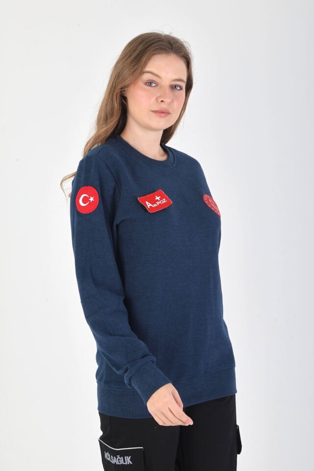 YENİ Sıfır Yaka Petrol Mavisi 112 Acil Sağlık Örme Kumaş Swit (Unisex)