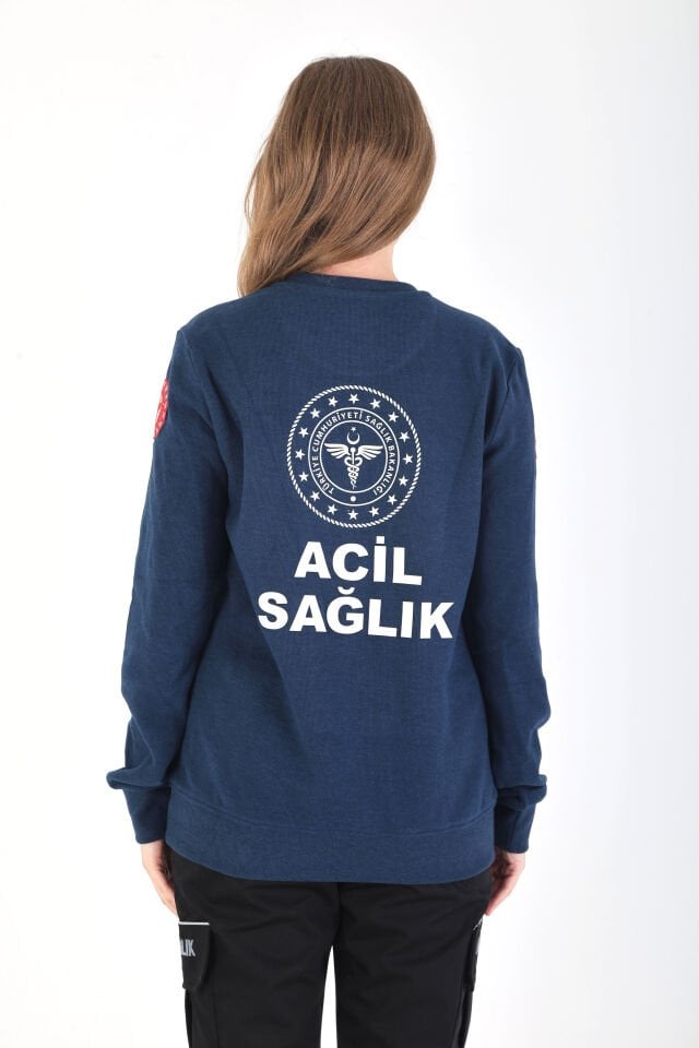 YENİ Sıfır Yaka Petrol Mavisi 112 Acil Sağlık Örme Kumaş Swit (Unisex)