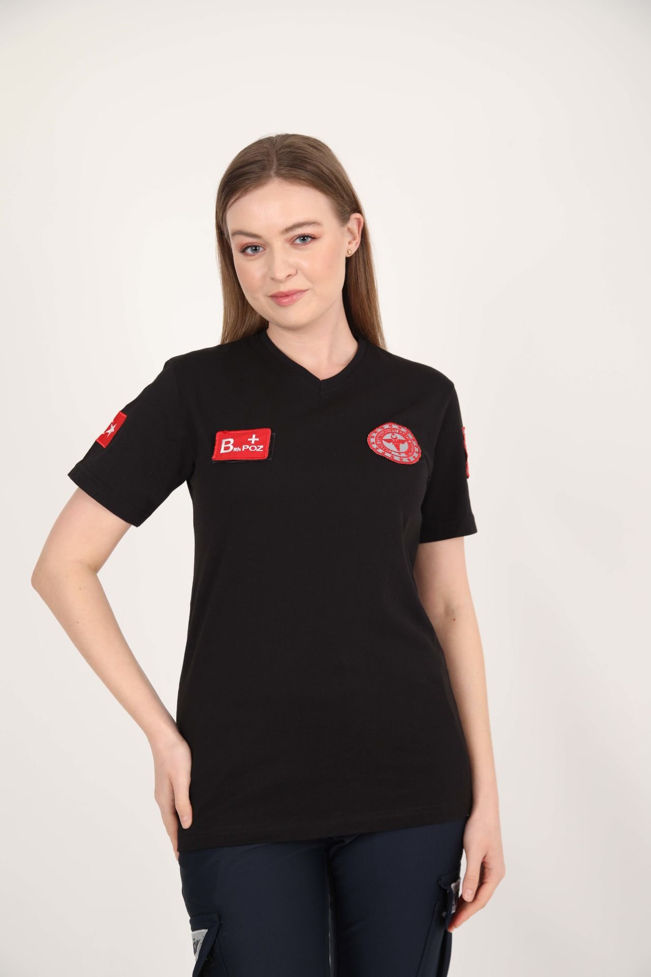 YENİ Acil Sağlık V Yaka Siyah Penye T-shirt (Unisex)