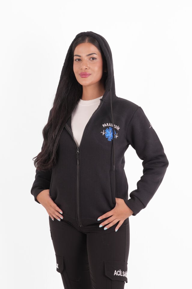 Paramedik Siyah Kapşonlu Polar (Unisex)