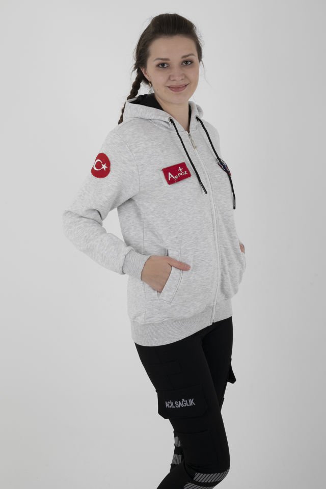 Yeni Paramedik Açık Gri Kapşonlu Polar (Unisex)