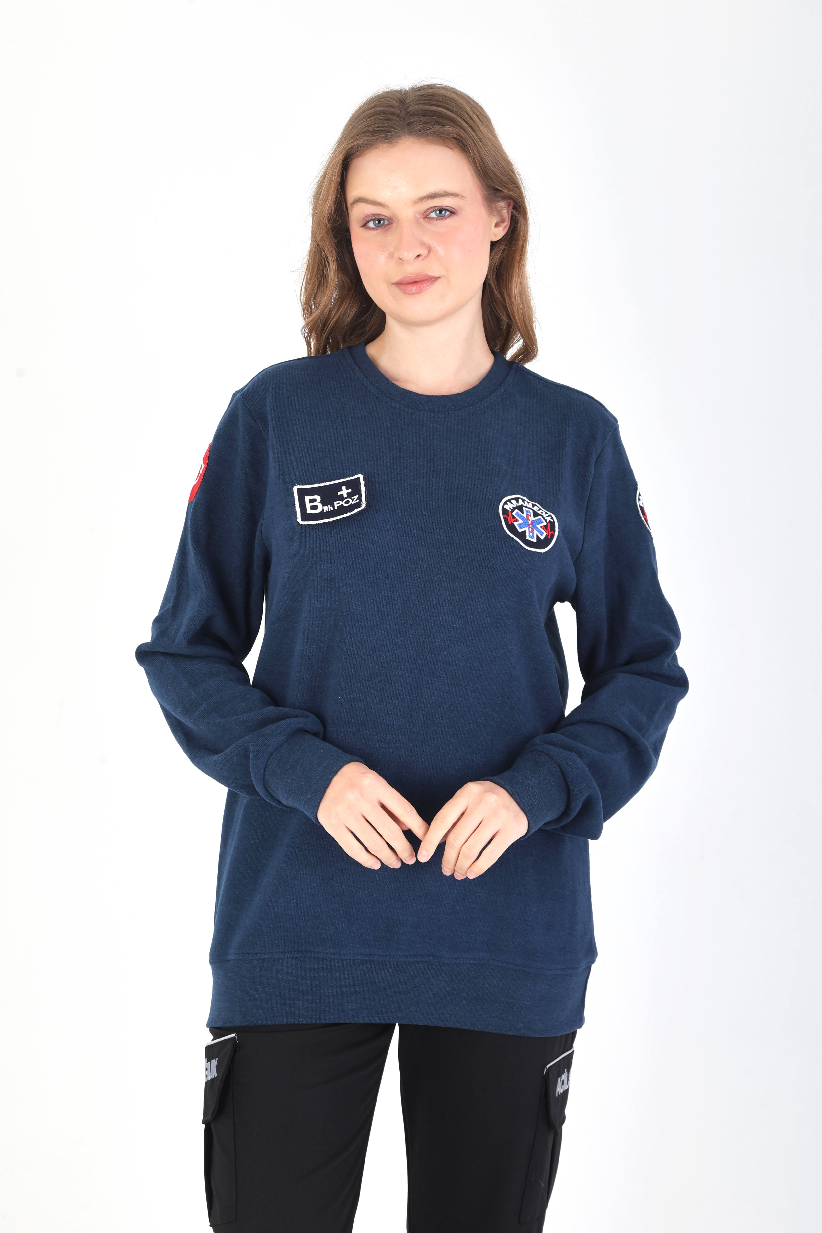 YENİ Sıfır Yaka Paramedik Petrol Mavisi Örme Kumaş Swit (Unisex)