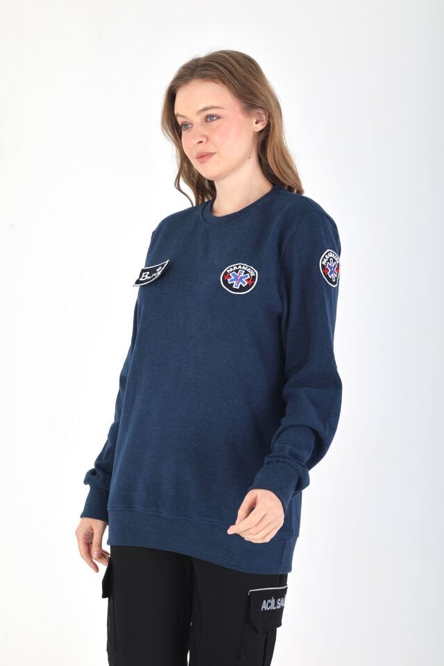 YENİ Sıfır Yaka Paramedik Petrol Mavisi Örme Kumaş Swit (Unisex)