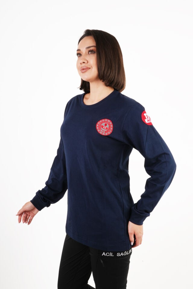 112 ÇAĞRI MERKEZİ Uzun Kollu Lacivert Penye T-shirt (Unisex)