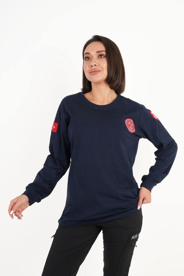 112 ÇAĞRI MERKEZİ Uzun Kollu Lacivert Penye T-shirt (Unisex)