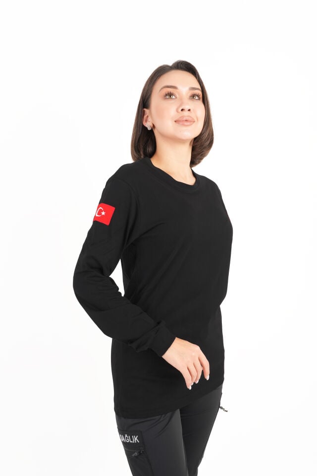112 ÇAĞRI MERKEZİ Uzun Kollu Siyah Penye T-shirt (Unisex)