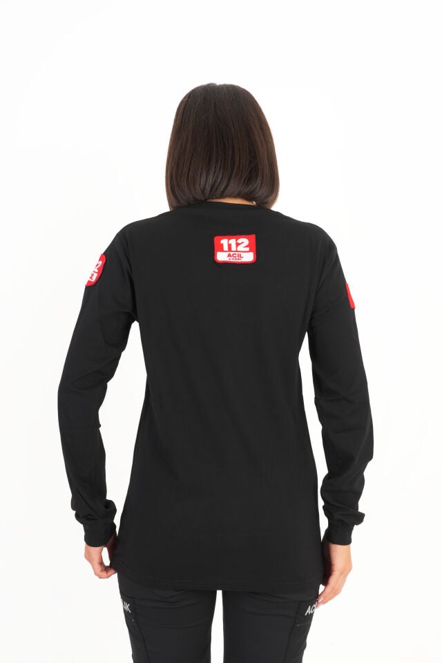 112 ÇAĞRI MERKEZİ Uzun Kollu Siyah Penye T-shirt (Unisex)