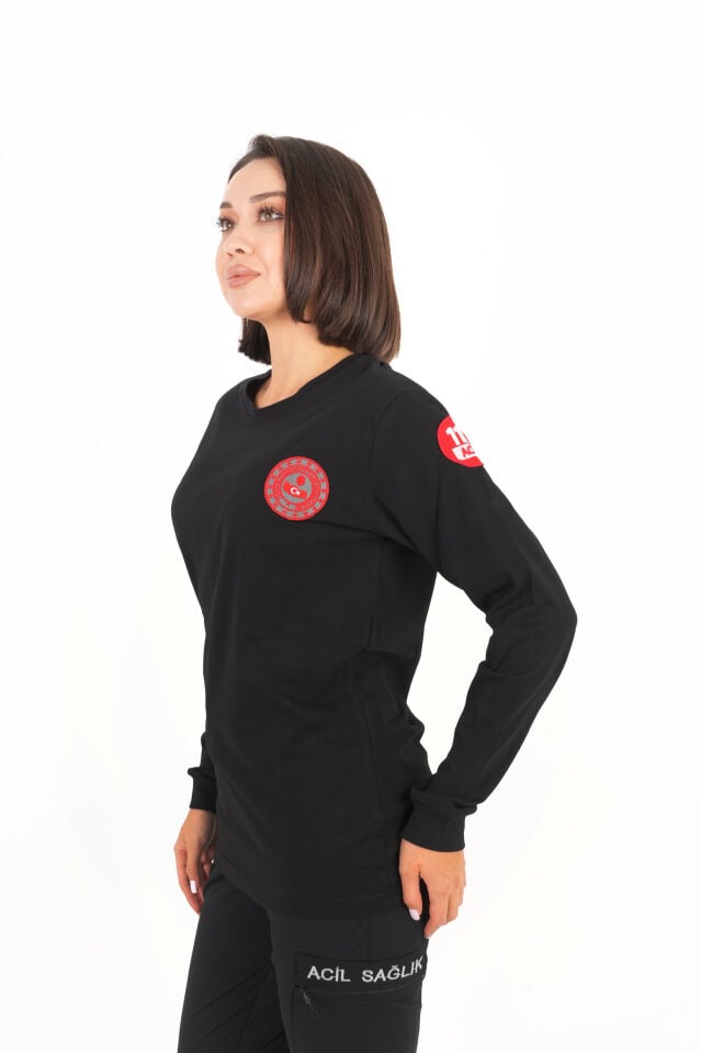 112 ÇAĞRI MERKEZİ Uzun Kollu Siyah Penye T-shirt (Unisex)