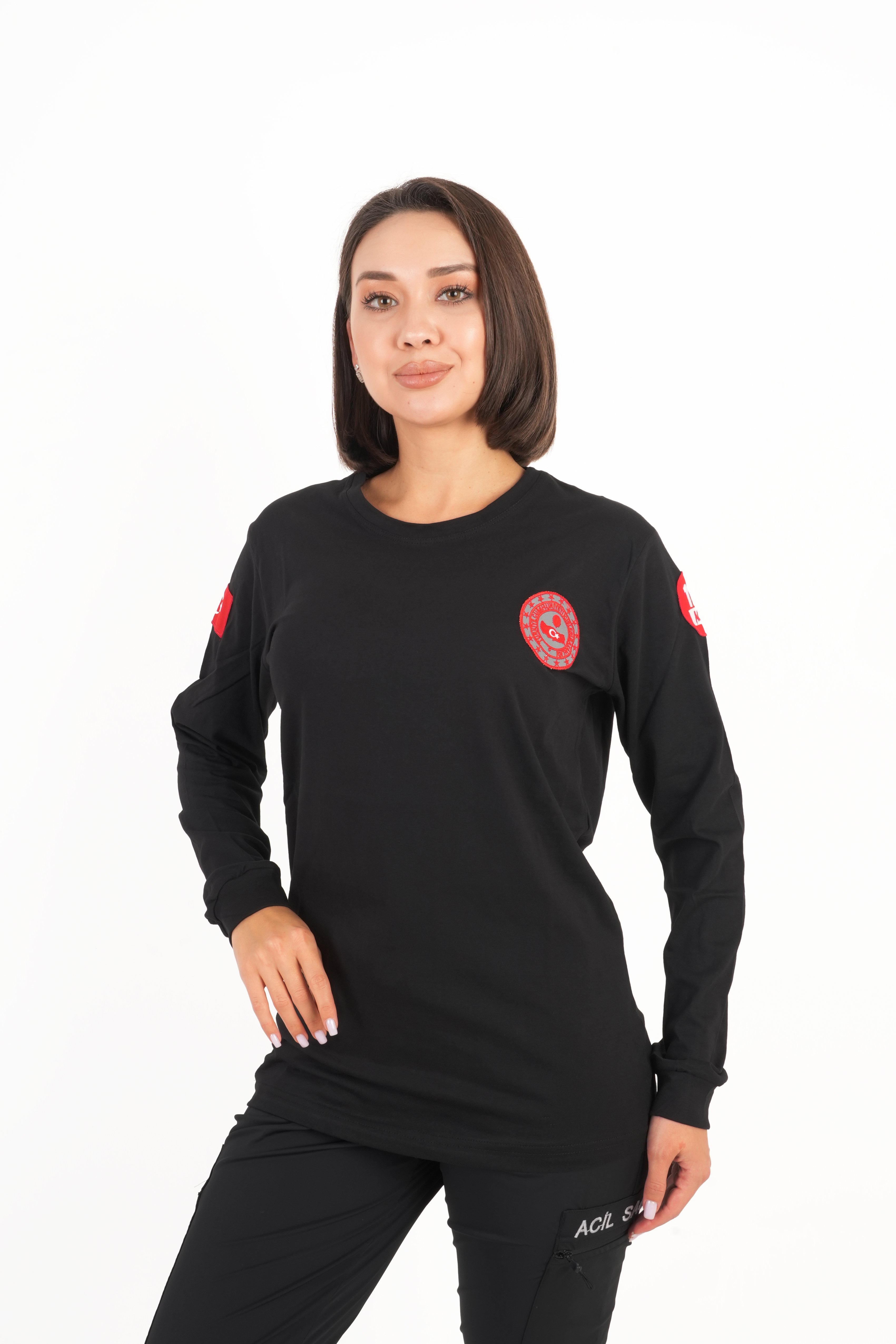 112 ÇAĞRI MERKEZİ Uzun Kollu Siyah Penye T-shirt (Unisex)