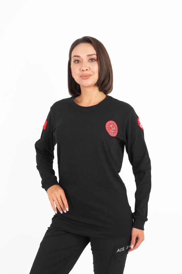 112 ÇAĞRI MERKEZİ Uzun Kollu Siyah Penye T-shirt (Unisex)