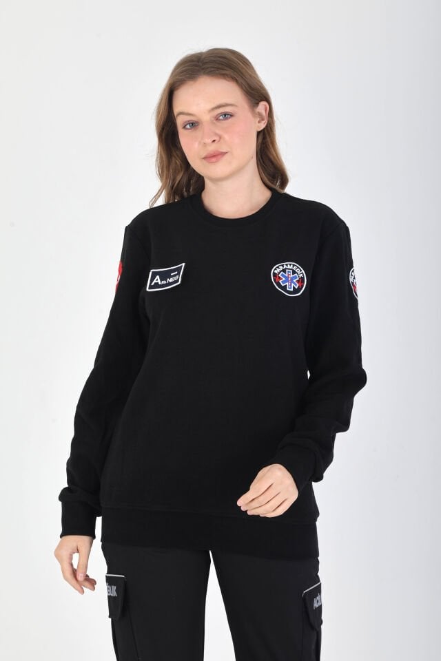 YENİ Sıfır Yaka Paramedik Siyah Örme Kumaş Swit (Unisex)