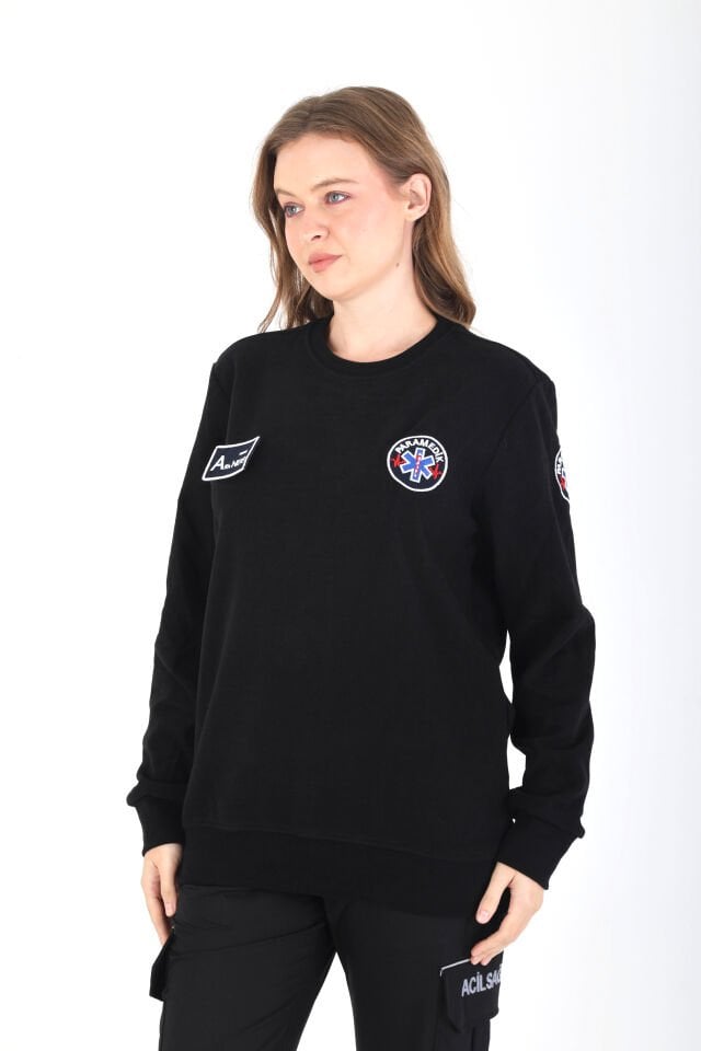 YENİ Sıfır Yaka Paramedik Siyah Örme Kumaş Swit (Unisex)
