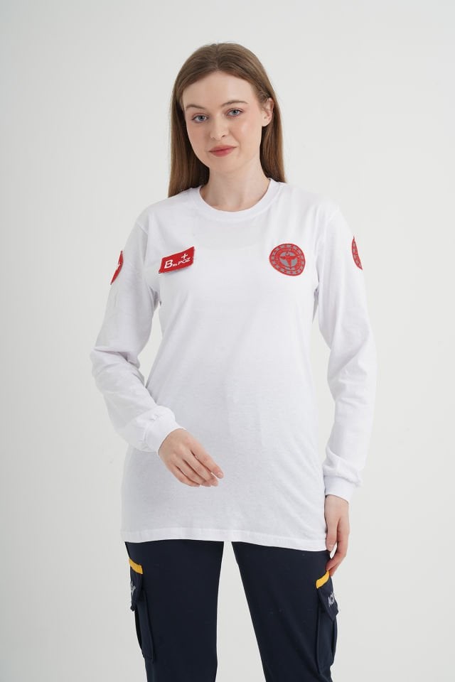 Yeni 112 Acil Sağlık Beyaz Penye Uzun Kollu T-shirt (Unisex)