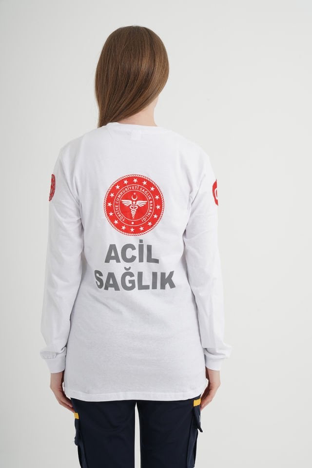 Yeni 112 Acil Sağlık Beyaz Penye Uzun Kollu T-shirt (Unisex)