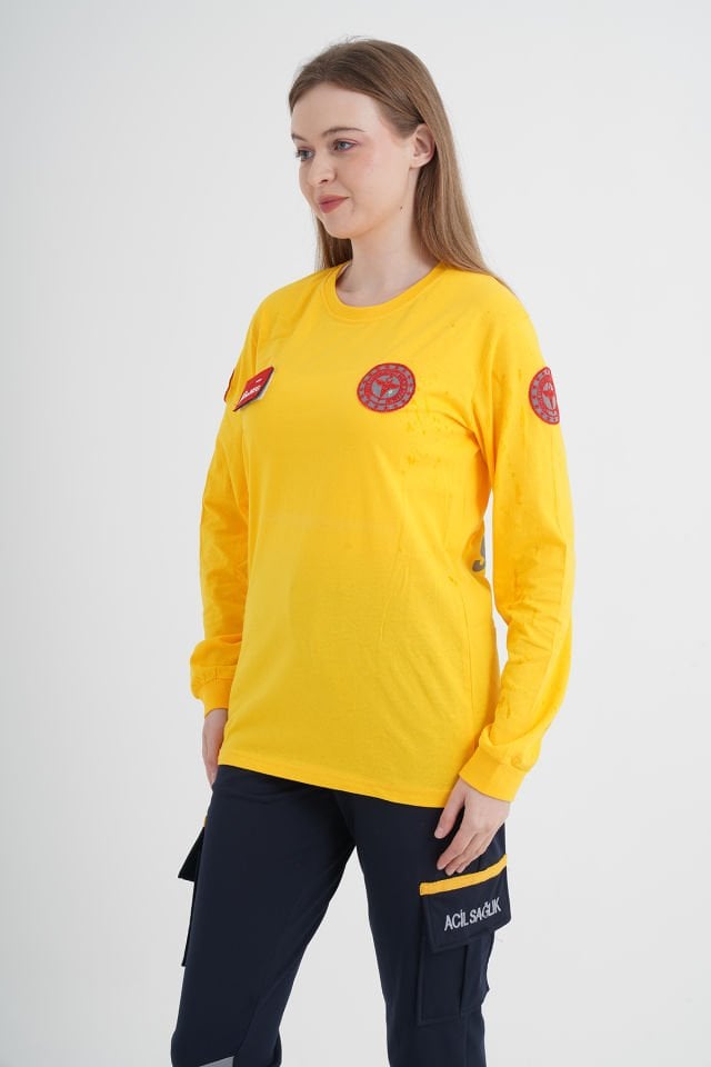 Yeni 112 Acil Sağlık Sarı Penye Uzun Kollu T-shirt (Unisex)