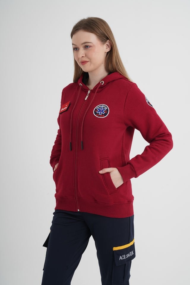 Yeni Paramedik Bordo Kapşonlu Polar (Unisex)