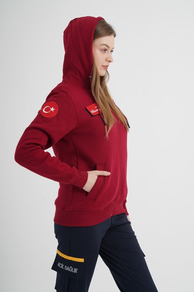 Yeni Paramedik Bordo Kapşonlu Polar (Unisex)