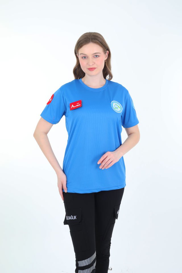 Evde Sağlık Sax Mavisi Sıfır Yaka Comfort T-shirt (Unisex-Fileli)
