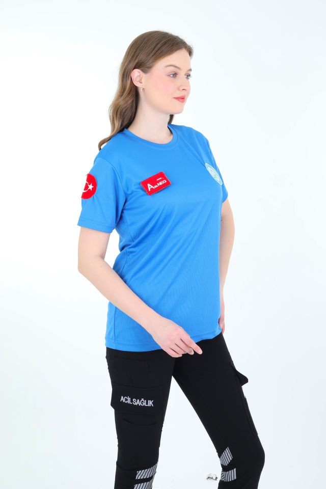 Evde Sağlık Sax Mavisi Sıfır Yaka Comfort T-shirt (Unisex-Fileli)