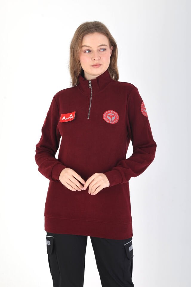 YENİ Fermuarlı 112 Acil Sağlık Örme Kumaş Bordo Swit (Unisex)