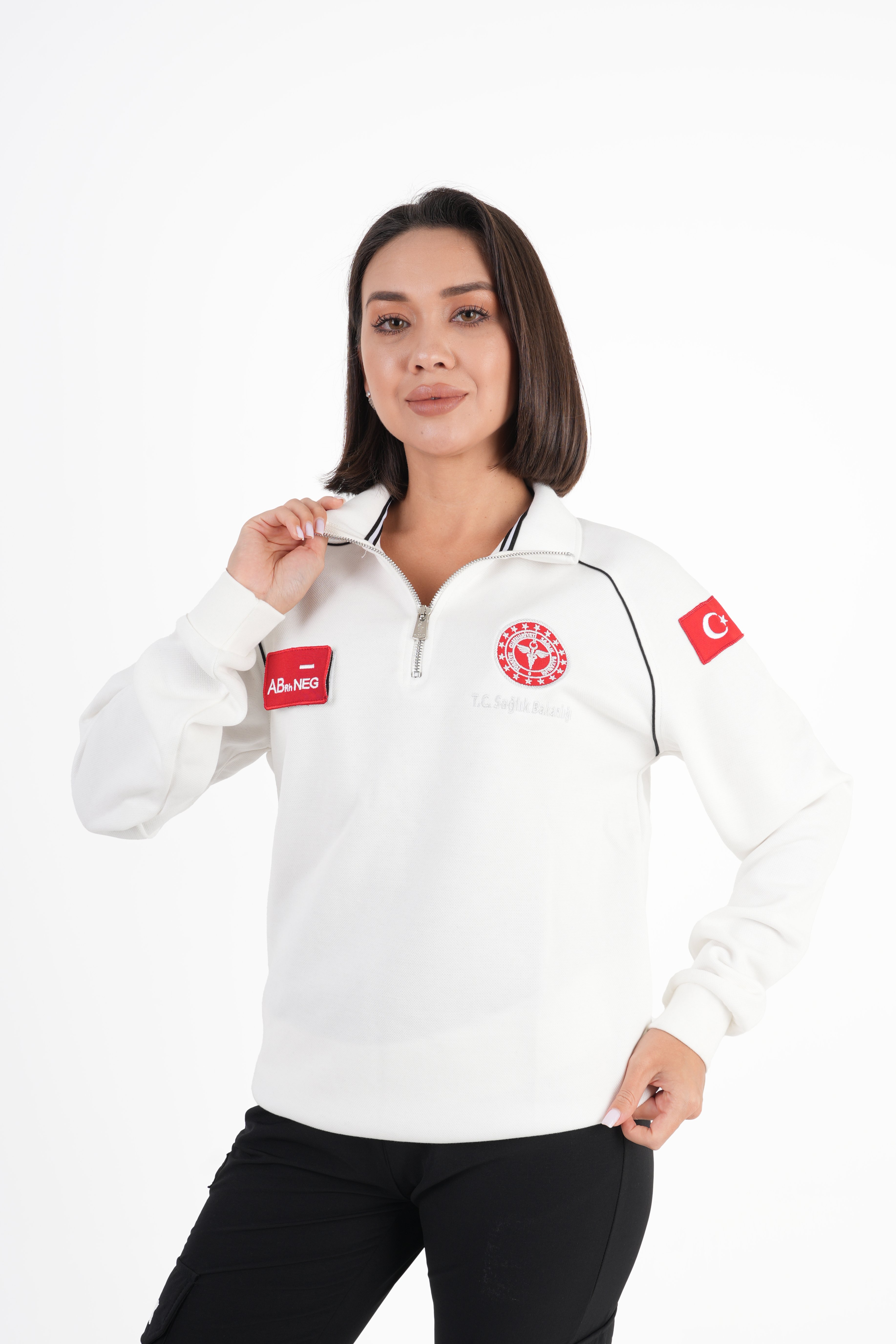 Sağlık Bakanlığı 112 Acil Sağlık Beyaz Reglan Kol Fermuarlı Swit (Unisex)