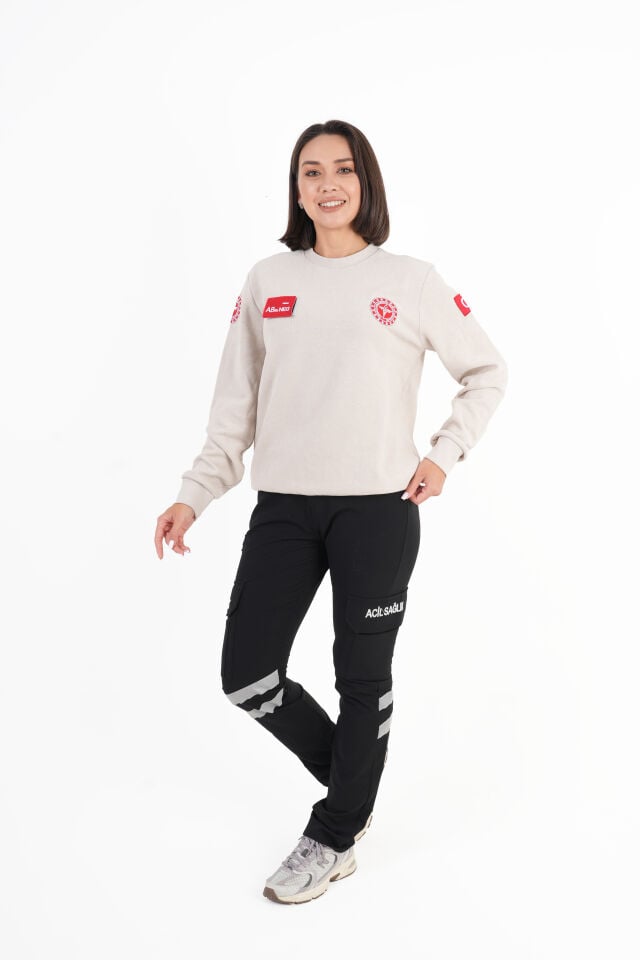 112 Acil Sağlık Sıfır Yaka Krem Rengi Örme Kumaş Swit (Unisex)