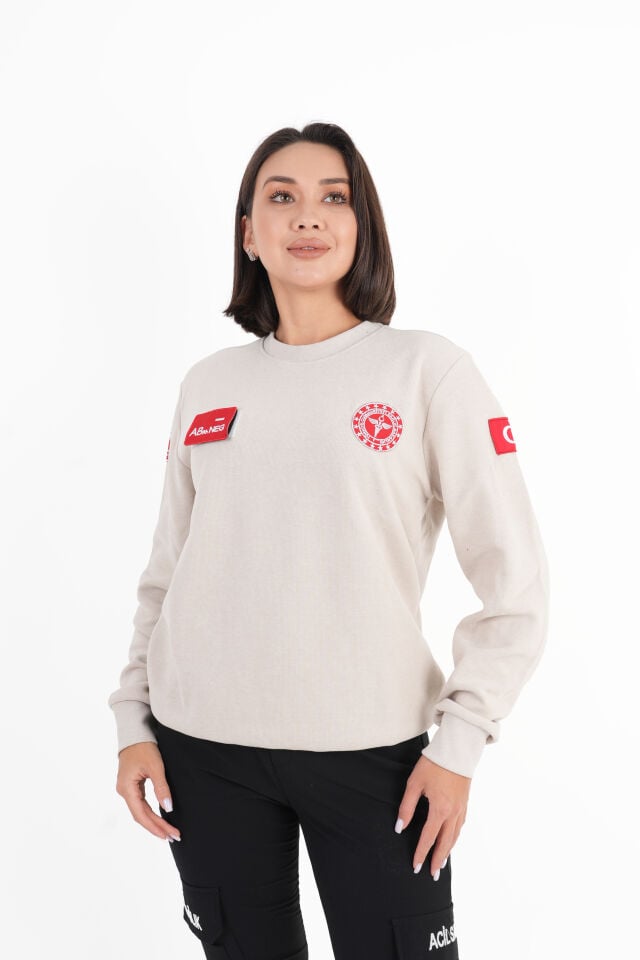 112 Acil Sağlık Sıfır Yaka Krem Rengi Örme Kumaş Swit (Unisex)