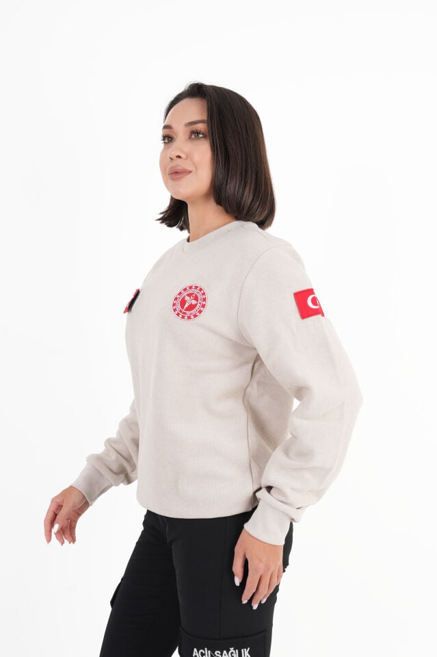 112 Acil Sağlık Sıfır Yaka Krem Rengi Örme Kumaş Swit (Unisex)