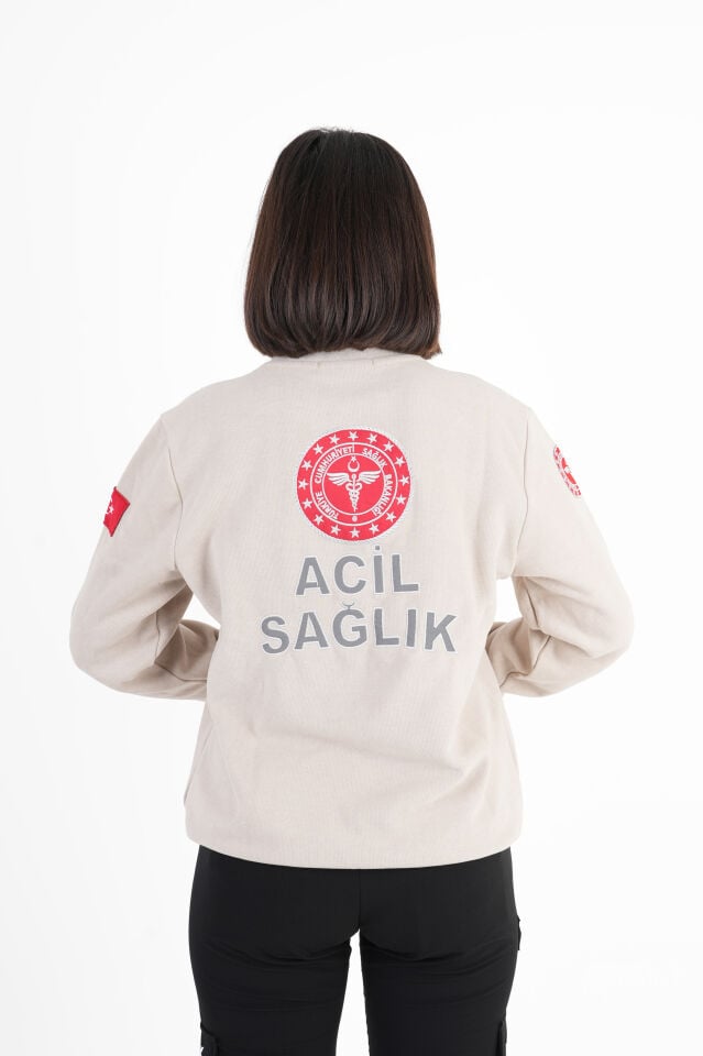 112 Acil Sağlık Sıfır Yaka Krem Rengi Örme Kumaş Swit (Unisex)