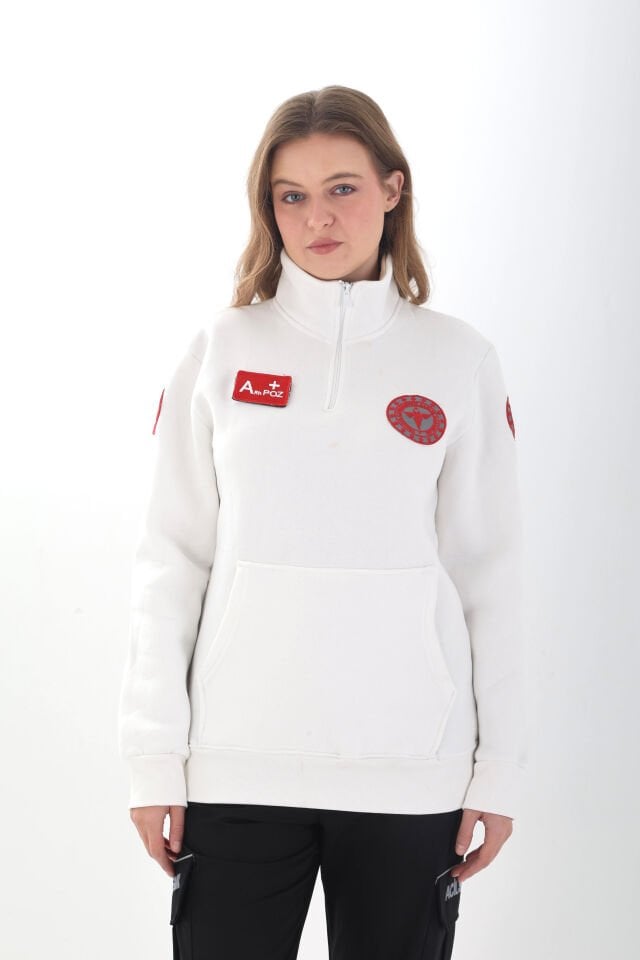 YENİ 112 Acil Sağlık Beyaz Fermuarlı Kanguru Cepli Swit (Unisex-3 İplik Kumaş)