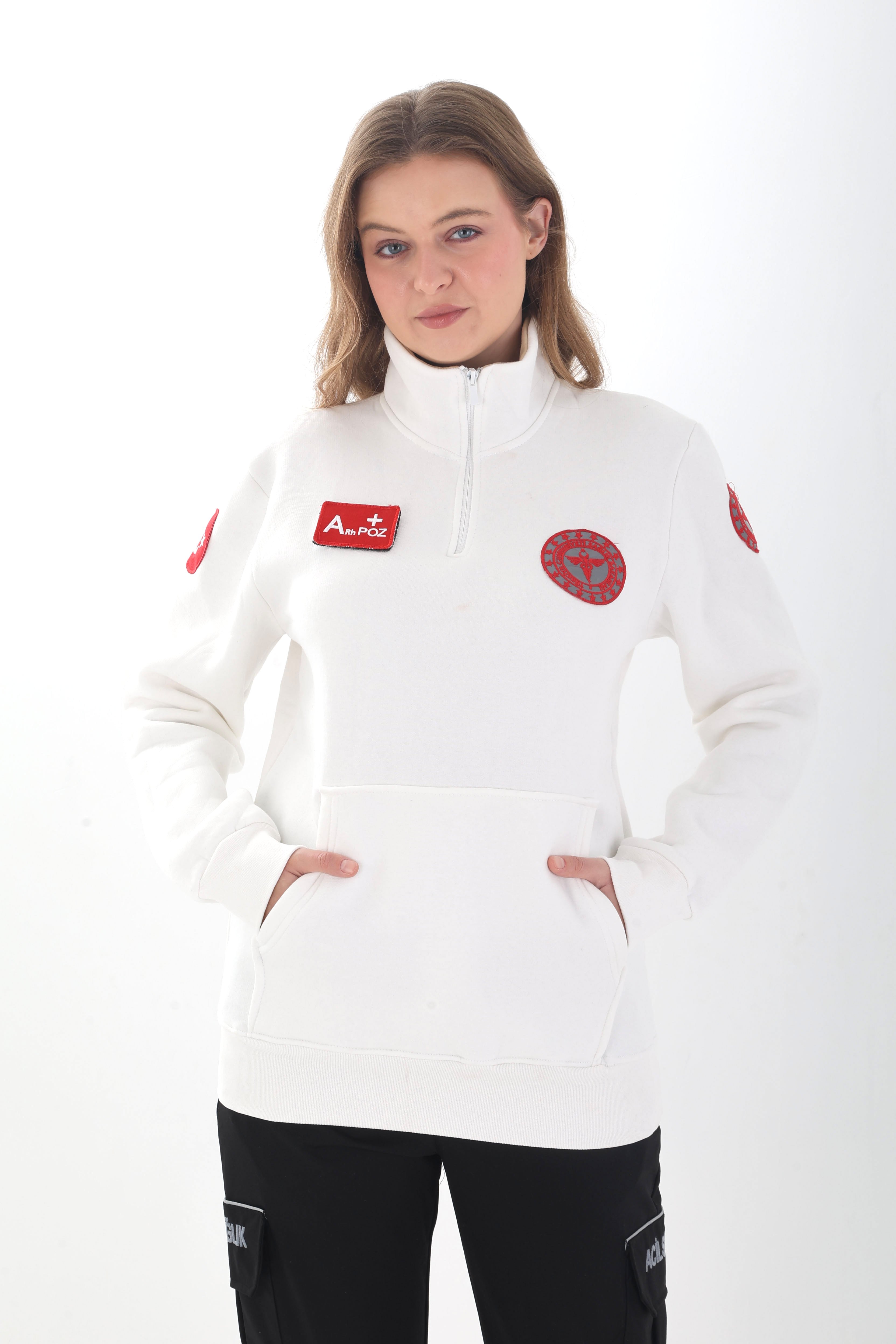 YENİ 112 Acil Sağlık Beyaz Fermuarlı Kanguru Cepli Swit (Unisex-3 İplik Kumaş)