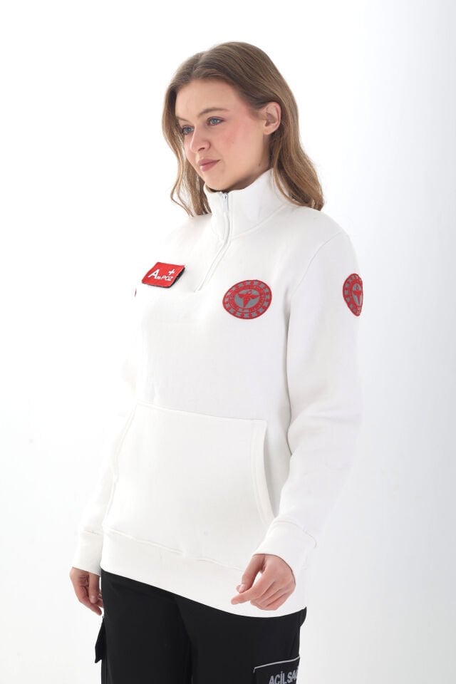 YENİ 112 Acil Sağlık Beyaz Fermuarlı Kanguru Cepli Swit (Unisex-3 İplik Kumaş)