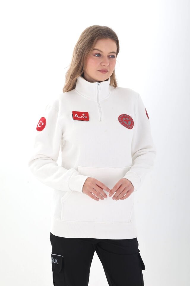YENİ 112 Acil Sağlık Beyaz Fermuarlı Kanguru Cepli Swit (Unisex-3 İplik Kumaş)