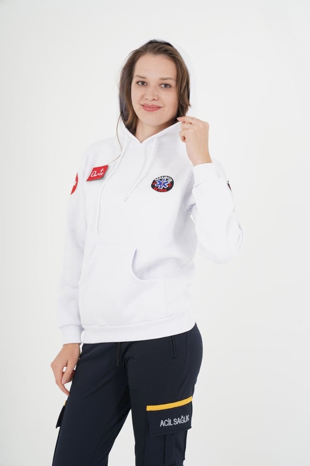 Yeni Paramedik Beyaz Kapşonlu Swit (Unisex)