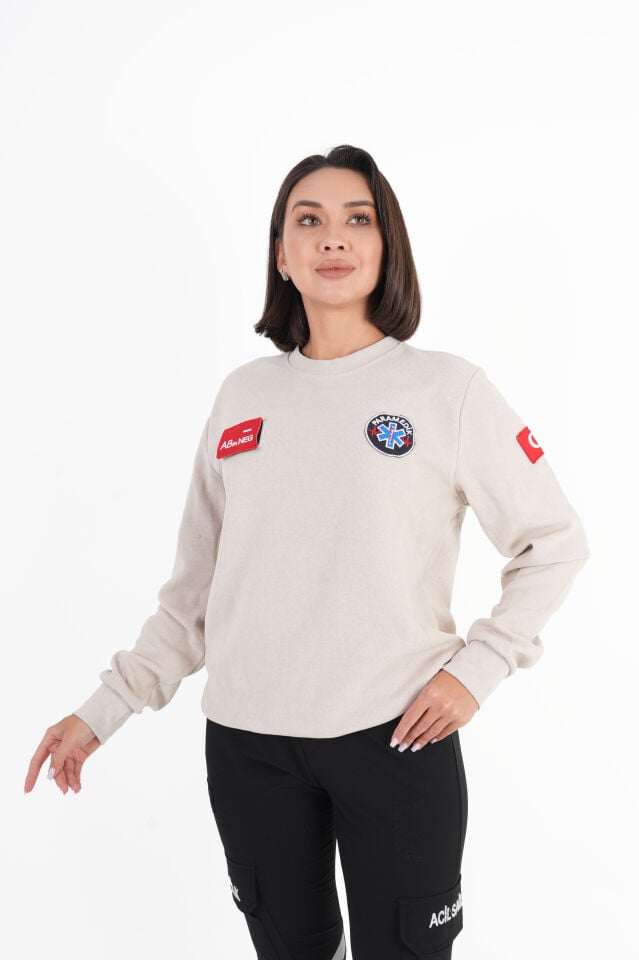 Paramedik Krem Rengi Sıfır Yaka Örme Kumaş Swit (Unisex)