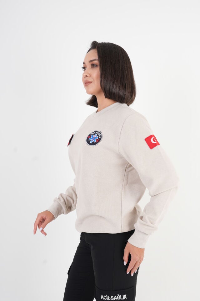 Paramedik Krem Rengi Sıfır Yaka Örme Kumaş Swit (Unisex)