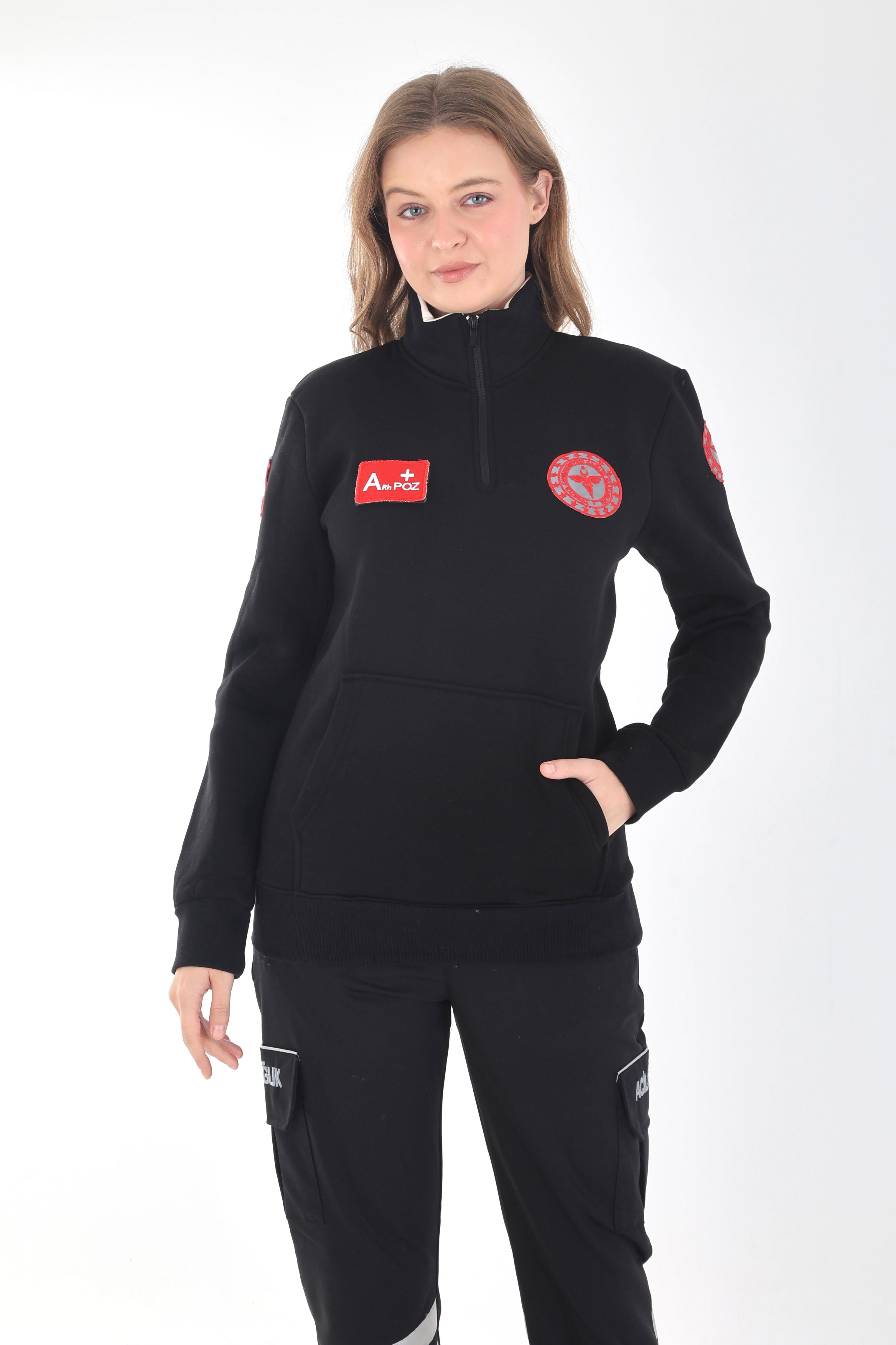 YENİ 112 Acil Sağlık Siyah Fermuarlı Kanguru Cepli Swit (Unisex-3 İplik Kumaş)