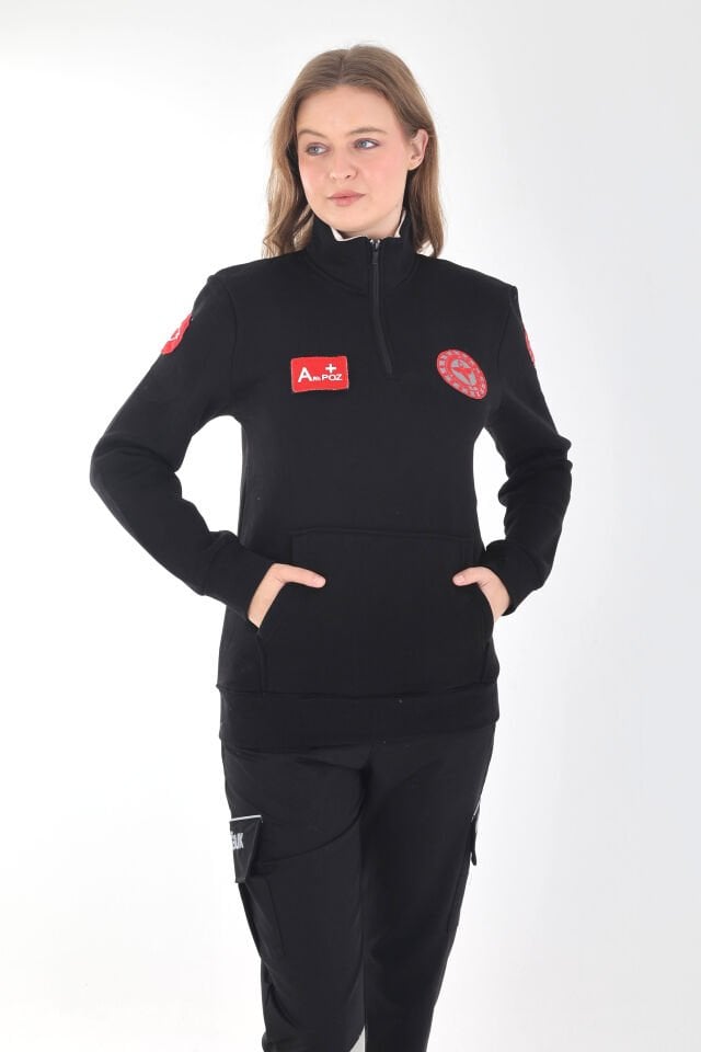 YENİ 112 Acil Sağlık Siyah Fermuarlı Kanguru Cepli Swit (Unisex-3 İplik Kumaş)