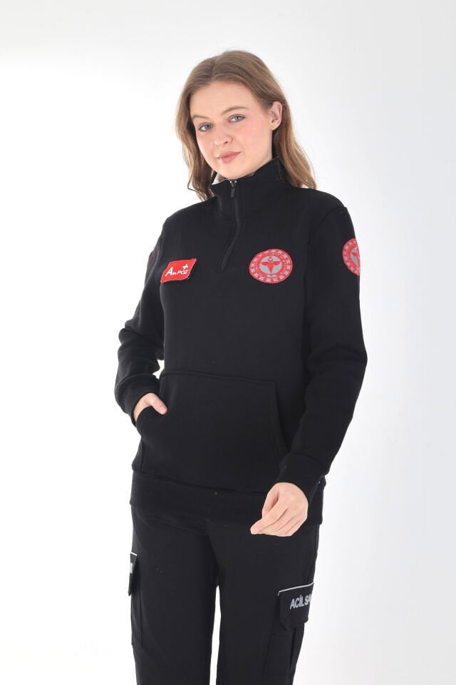 YENİ 112 Acil Sağlık Siyah Fermuarlı Kanguru Cepli Swit (Unisex-3 İplik Kumaş)