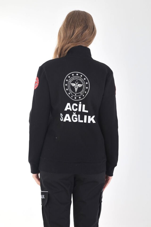 YENİ 112 Acil Sağlık Siyah Fermuarlı Kanguru Cepli Swit (Unisex-3 İplik Kumaş)