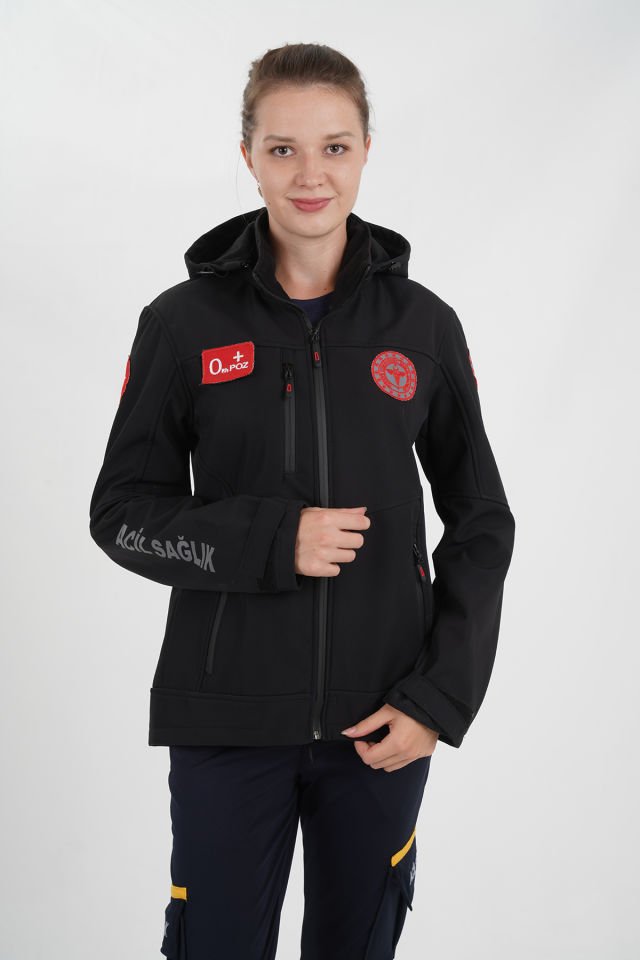 Yeni Acil Sağlık Siyah 3 Fermuarlı Shoftshel Mont (Unisex-Su Geçirmez)