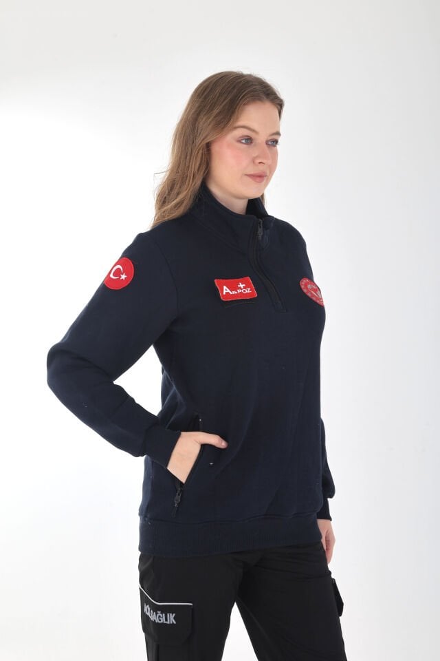 YENİ 112 Acil Sağlık Lacivert Fermuarlı Cepli Swit (Unisex-3 İplik Kumaş)