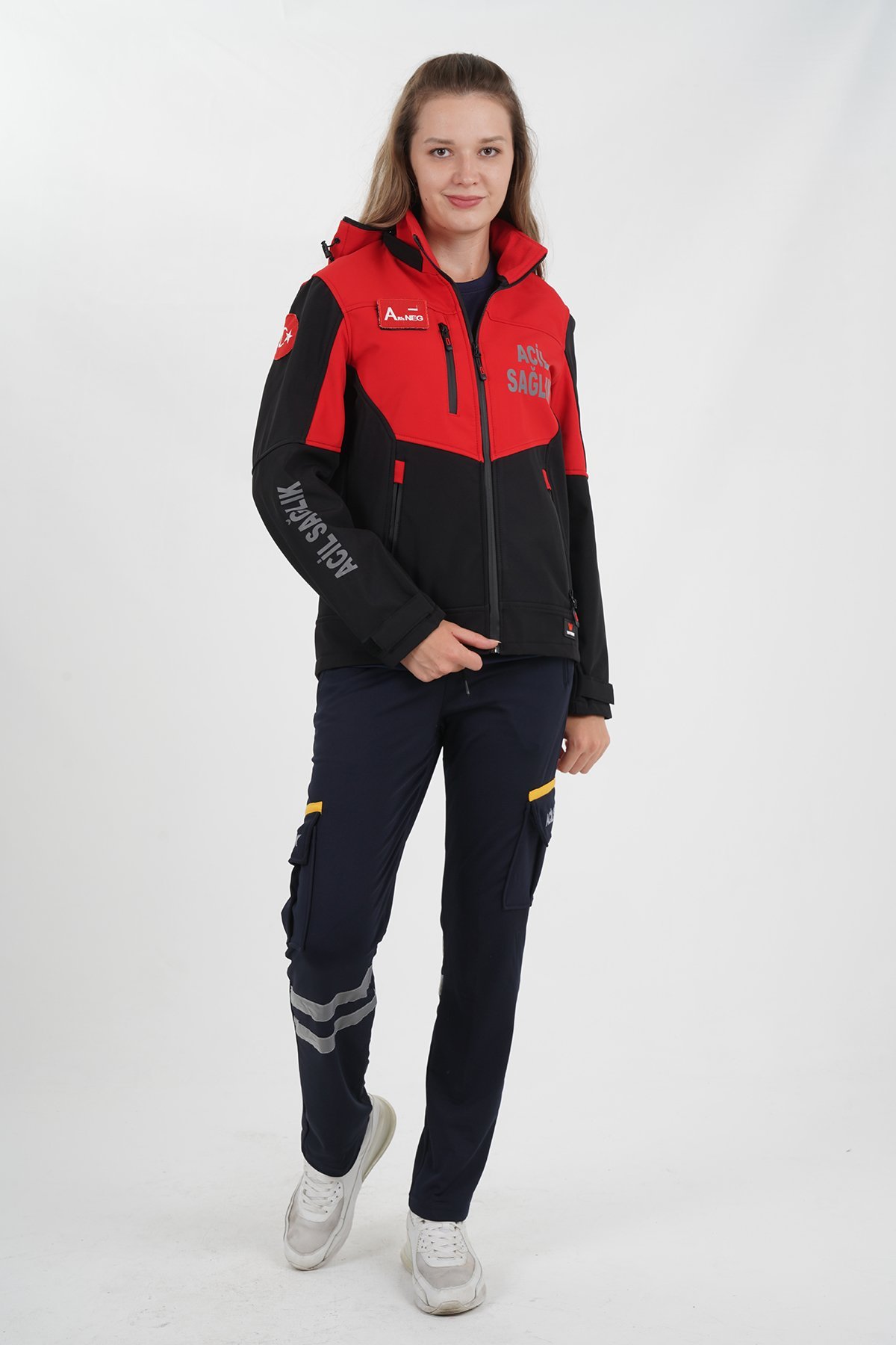 Yeni Acil Sağlık Siyah-Kırmızı Shoftshel Mont (Unisex-Su Geçirmez)