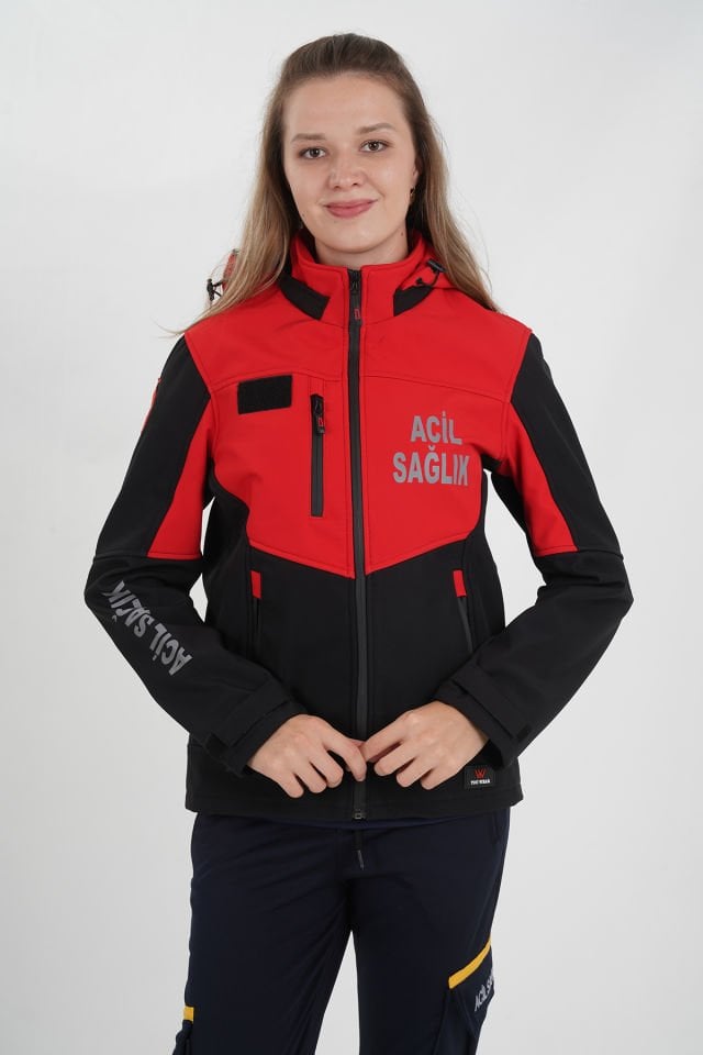 Yeni Acil Sağlık Siyah-Kırmızı Shoftshel Mont (Unisex-Su Geçirmez)